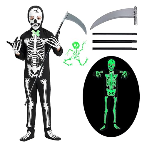 Byhsoep Skelett Kostüm Kinder mit Sichel,Halloween Kostüm Junge Glühen im Dunkeln,Halloween Kostüm Kinder Skelett Leuchtend für Karneval,Halloween,Cosplay,Jungen und Mädchen von Byhsoep