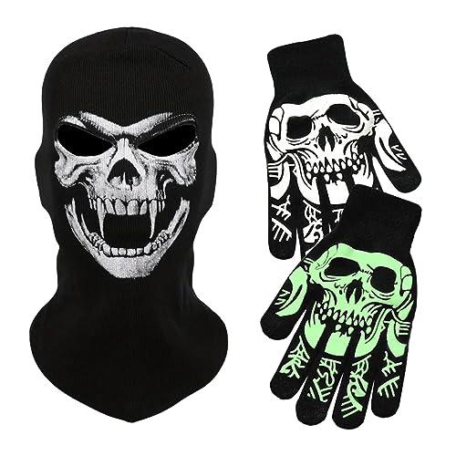 Byhsoep Halloween Sturmhaube Vollgesichtsmaske Mit Totenschädel Aufdruck Skeleton Maske Handschuhe Leuchtend Ghost Skull Horror Maske für Halloween Party Cosplay Karneval Erwachsene von Byhsoep