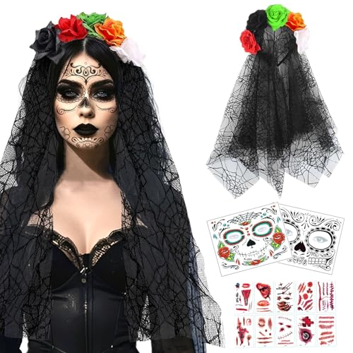 Byhsoep Halloween Tag der Toten Schleier Haarreif mit 2 Gesichtstattoos,10 Halloween Narbe Tattoo,Schleier Rosen für Halloween,Karneval,Cosplay Kostüm Party von Byhsoep