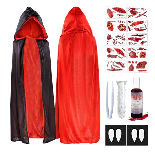 Byhsoep Vampir Kostüm Erwachsene 170cm,Halloween Kostüm Erwachsene mit Kunstblut,4 Vampirzähne 15mm,10 Halloween Tattoos,Halloween Vampir Kostüm Damen Herren für Cosplay,Karneval,Kostümpart von Byhsoep