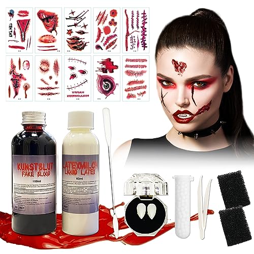 Fake Blood Kunstblut 100ml,Latexmilch 60 ml,15mm Halloween Vampirzähne,10 Halloween Narbe Tattoo,Halloween Zombie Vampir Wundschorf mit Make-up Schwamm und Spatel für Kinder Erwachsene Unisex von Byhsoep