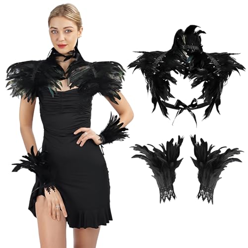 Federkragen Schwarzer Kostüm Damen mit Feder-Manschetten Schwarzer Federumhang Maleficent Kostüm Damen Gothic Federrock Pfau Kostüm für Halloween Karneval Maskerade-Cosplay-Kostüme von Byhsoep