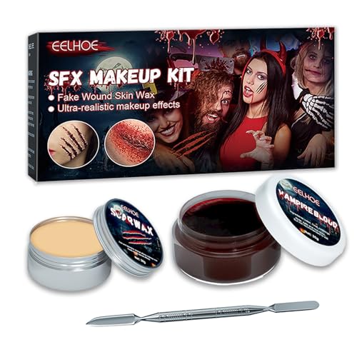 Halloween Schminke Set für erwachsene kinder, Halloween Make Up Set Profi mit erkrustetes Kunstblut, Wound Modeling Wax und Spatel, Special Effects Halloween Makeup für Halloween Cosplay Zombie Vampir von Byhsoep