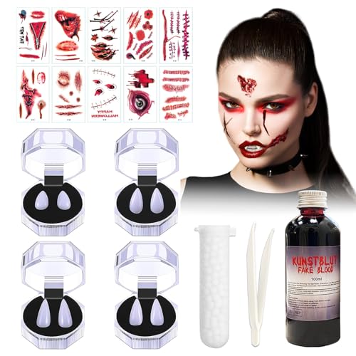 Halloween Schminke Make Up Set,Kunstblut 100ml,4 Paar Halloween Vampirzähne 13mm 15mm 17mm 19mm,10 Halloween Narbe Tattoo,Zombie Vampir Wunden Narben Schminke für Kinder Erwachsene Unisex von Byhsoep