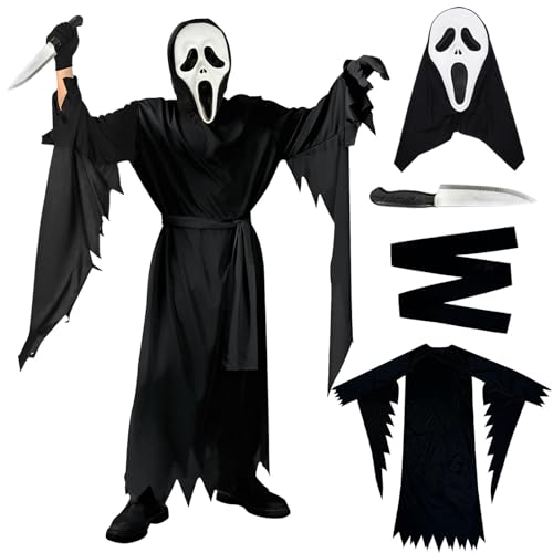 Byhsoep Halloween Scream Kostüm Set, Halloween Scream Kostüm Erwachsene, mit Halloween Scream Maske, Spielzeug Messer, Halloween Scream Ghostface Kostüm, Horrorkostüme Passend für Halloween, Karneval von Byhsoep