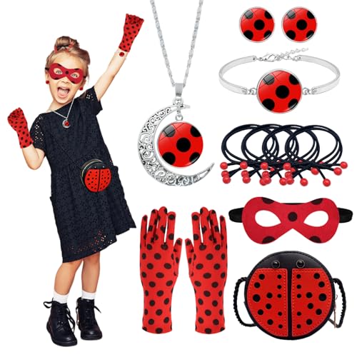 Rot Bug Kostüm Zubehör Set mit Tasche Maske Halskette Ohrring Haarbänder Handschuhe Rot Schwarz Bug Rollenspiel Set für Mädchen Halloween Karneval Kostüm von Byhsoep