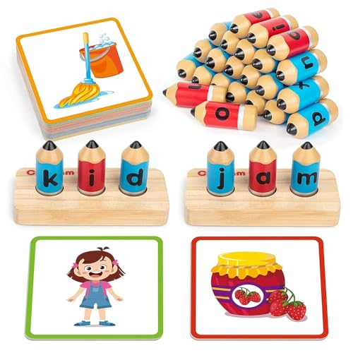 Coogam Hölzerne Kurze Vowel Rechtschreibung Spiele, Lernen Sie CVC Sight Words Pädagogische Taschenkarten Feinmotor Alphabet Spielzeug Geschenk für Kinder 3 4 5 Jahre alt zu schreiben von Coogam