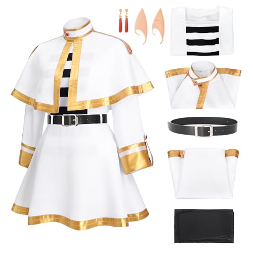 C-ZOFEK Cosplay-Kostüm, komplettes Set, weißer Umhang, Rock, Uniform mit Strumpfhosen, Gürtel, Ohrringen und Cosplay-Ohren für Halloween-Party, Weiss/opulenter Garten, M von C-ZOFEK