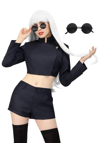C-ZOFEK Damen US-Größe Gojo Satoru Cosplay Kostüm Jacke Shorts Oberschenkel Strümpfe mit Brille Uniform (X-Large) von C-ZOFEK