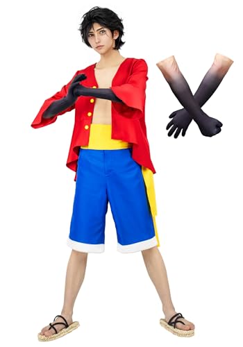 C-ZOFEK Herren US-Größe Luffy Red Outfit Cosplay Kostüm mit Handschuhen Halloween Kostüm (Medium) von C-ZOFEK