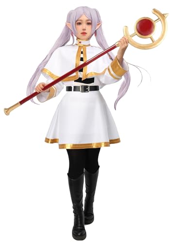 C-ZOFEK Kostüm komplettes Set Elf Cosplay weißer Umhang Rock Uniform mit Strumpfhosen, Gürtel, Ohrringen und Elfenohren, Weiss/opulenter Garten, Small von C-ZOFEK