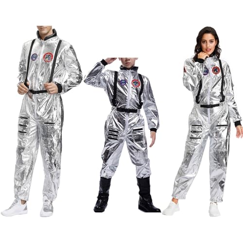 Alien Kostüm, Astronauten Kostüm Damen Herren Kinder Fasching Astronauten Kostüm Erwachsene Weltall Kostüm Halloween Kostüm Space Kostüm Silber Overall Karnevalskostüme von C'est TT