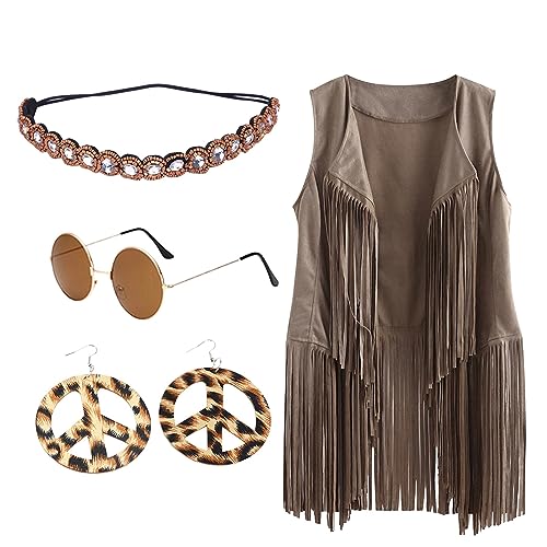 Faschingskostüme Damen, Faschingskostüme Damen Disco Outfit Party Outfit Hippie Kostüm Mottoparty Hippie Kleidung 70er Jahre Outfit Accessoires Faschingskostüme Fransen 80er Jahre Karneval Kostüm von C'est TT