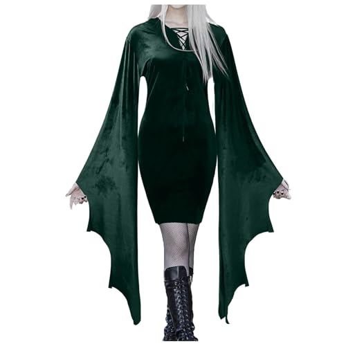 Halloween Kostüm Damen, Gothic Halloween Kleid Kostüm Damen Punk Trompetenärmel Samt Schnüren Kleid Renaissance Minikleid Mittelalter Kleidung Kleid Festlich Partykleid Karneval Kostüme von C'est TT