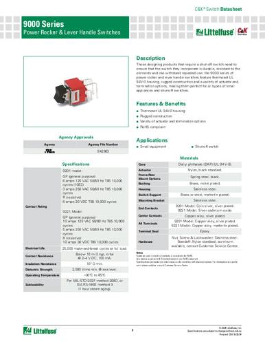 C & K Switches 9201KAV2QE Toggle Switch 9000 Series 120 V/AC, 28 V/DC 6A 2 x Ein/Ein Bulk von C & K Switches