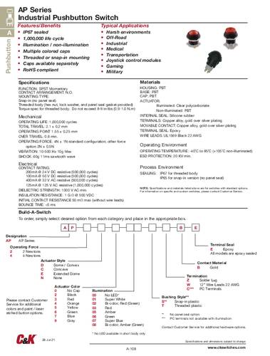 C & K Switches AP2D200SZBE Push button AP Series Drucktaster 24 V/DC 1 x Aus/(Ein) IP67 Bulk von C & K Switches