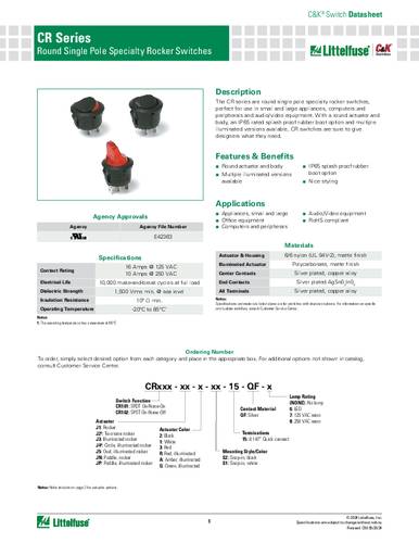 C & K Switches CR102J11S215QF Rocker Switch CR Series 120 V/AC 16A 1 x Ein/Aus Bulk von C & K Switches