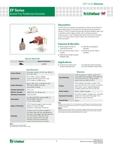 C & K Switches EP11S1D1APE Push button EP Series Drucktaster 20 V/DC 1 x Aus/(Ein) IP57 Tray von C & K Switches