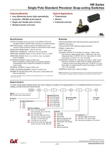 C & K Switches HBS7PBB4SJ011C Snap Switch HB Series Drucktaster 125 V/DC 1 x Ein/(Ein)/Ein IP65 1 St von C & K Switches