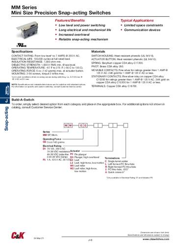 C & K Switches MMGGF5D0C Snap Switch MM Series Drucktaster 30 V/DC 1 x Ein/(Ein)/Ein Bulk von C & K Switches