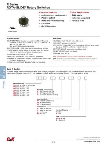 C & K Switches R10805RN02Q Rotary Switch R Series Drehschalter 125 V/AC, 125 V/DC 5A Schaltpositione von C & K Switches