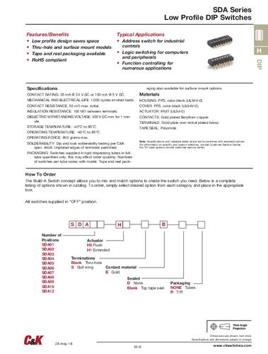 C & K Switches SDA09H0BD DIP Switch SDA Series DIP-Schalter Polzahl 9 Tube von C & K Switches