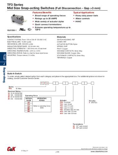 C & K Switches TF320CFP0040Y Snap Switch TF2 Series Drucktaster 1 x Ein/(Ein)/Ein Bulk von C & K Switches