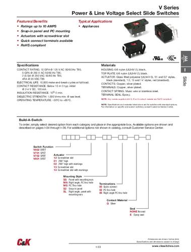 C & K Switches V70201MS02Q Slide Switch V Series Schiebeschalter 125 V/AC, 30 V/DC 10A 1 x Ein/Ein B von C & K Switches