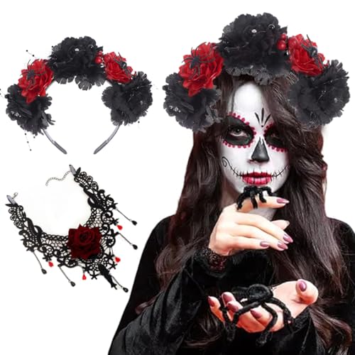 CADTARBAB 4PCS Halloween Costume Set Day of the Dead Stirnband Rosen Haarband Handschuhe Halskette Set für Kostüm Fasching Masquerade Karneval Cosplay (rot 2pcs) von CADTARBAB