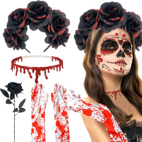 CADTARBAB 4PCS Halloween Costume Set Day of the Dead Stirnband Rosen Haarband Handschuhe Halskette Set für Kostüm Fasching Masquerade Karneval Cosplay (schwarz 4pcs) von CADTARBAB