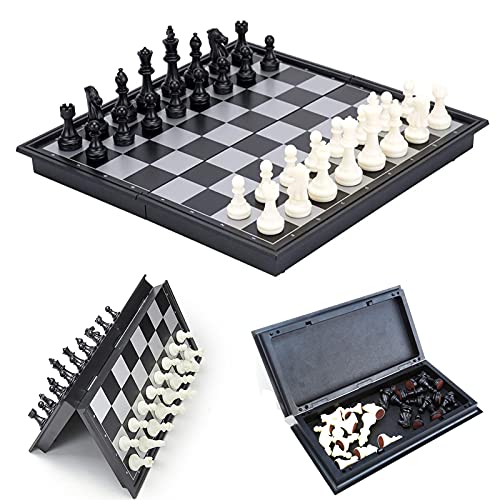 Deluxe magnetisches Schachbrett-Set, 10-Zoll-Schachbrettspiel-Set mit Klappbrett und Brettspiel-Aufbewahrung für Reisespiele, Schwarz + Weiß von CAFIEDR