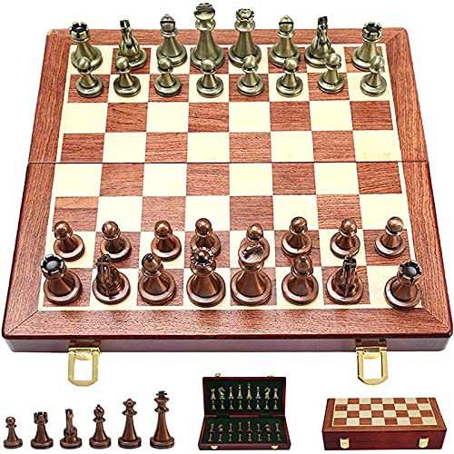 Luxuriöses Schachspiel aus Holz, tragbares, faltbares Reiseschachbrett, Schachfiguren aus verkupfertem Metall im Retro-Stil, Schachbrettspielset mit Faltbarer A von CAFIEDR