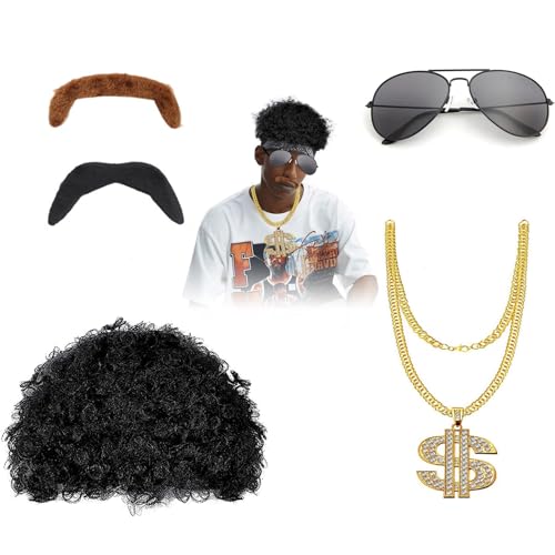 CAIJ 70er Jahre Bekleidung Herren, Hippie Kostüm Set 80er Jahre Outfit Herren Afro Perücke Hippie Perücke Herren Schnauzbart für Cosplay Halloween Kostümfeste Usw (5 Stücke) von CAIJ