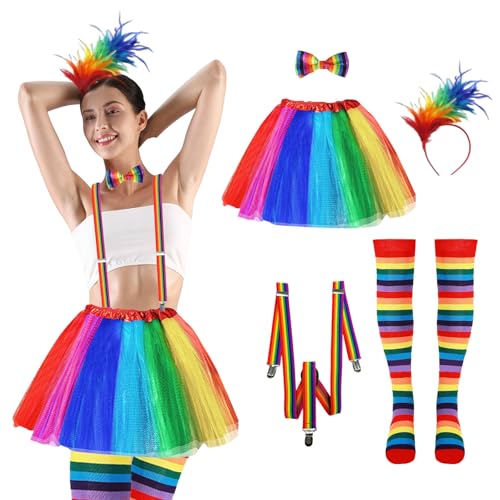 CAIJ Karneval Regenbogen Damen Kostüm, 5er Regenbogen Kostüm Regenbogen mit Riemen Tüllrock Bunt Feder Stirnband Kniestrümpfe Bunt für Erwachsene für Kostümparty Mottoparty von CAIJ