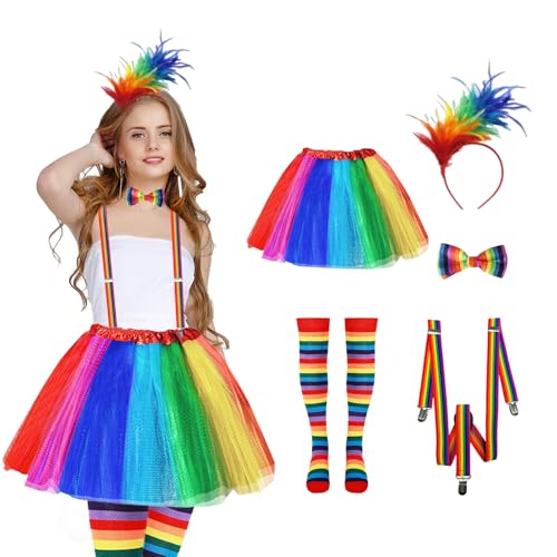 CAIJ 5er Regenbogen Tüllrock Damen Set, Regenbogen Kostüm Tüllrock Damen mit Riemen Bunt Feder Stirnband Kleid Kniestrümpfe Damen Bunt Fingerlose Handschuhe für Karneval Fasching Mottoparty von CAIJ