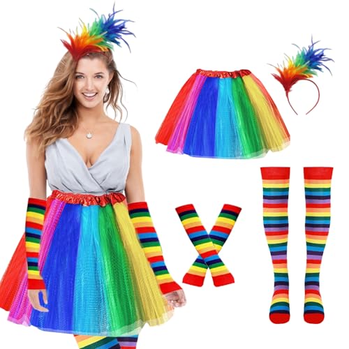 CAIJ Karneval Regenbogen Kostüm Damen, Regenbogen Tüllrock Regenbogen Kleid Kniestrümpfe Damen Bunt Fingerlose Handschuhe Bunt Feder Stirnband Regenbogen Kostüm Damen für Halloween Fasching Mottoparty von CAIJ