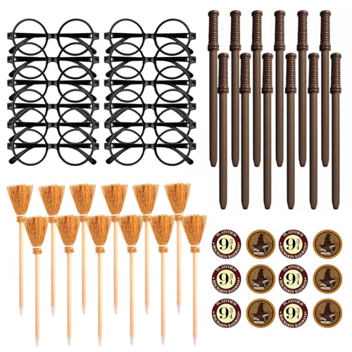 CAIJ Zauberer Partyzubehör Set 48Pcs Zauberstäbe Bleistift Set Wizard Kindergeburtstag Deko Zauberbesen Bleistifte Zauberer Brille Gläser mit Rundem Rahmen Tattoos Magischem Thema Halloween Party von CAIJ