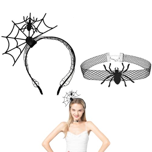 2 Stück Halloween Haarreif,Halloween Accessoires Damen Kostüm Spinne Haarreifen Spinnen Haarschmuck Erwachsene Kopfschmuck Spinnenkostüm Zubehör Spinnennetz Stirnband Halskette,für Hexen kopfbedeckung von CAIKAILIOR