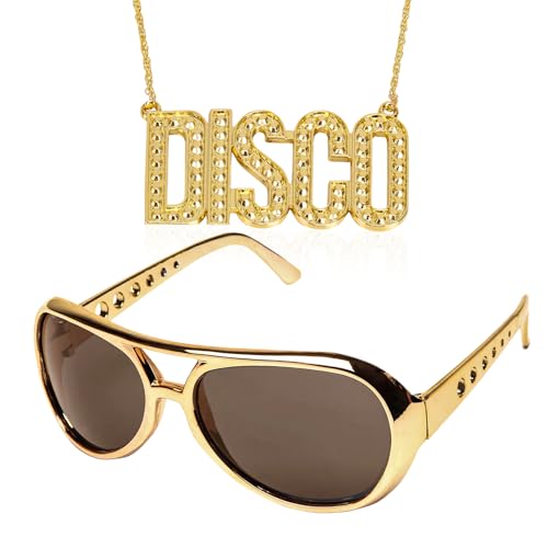 2 Stück Hippie Accessoires,Disco Gold Kette & Partybrillen Set,70er 80er 90er Jahre Outfit Herren Zubehör,Hip hop Zuhälter Elvis Kostüm,Sonnenbrille Herren,für Halloween Fasching Karneval Thema Party von CAIKAILIOR