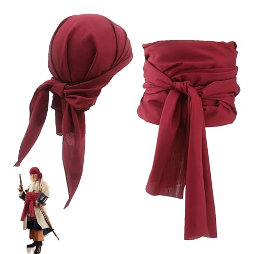 Piraten Kopftuch Damen,Rotes Tuch Pirat Schärpe Rot Schwarz Piratin Kostüm Accessoires Set Herren Bandana Zubehör,Pirate Jack Captain Stirnband Belt Carnival Costume für Frauen Kinder (Burgunderrot) von CAIKAILIOR