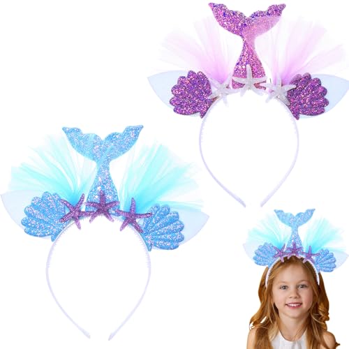 2 Stück Haarreif-Set,Haarreif Meerjungfrau Stirnband mit pailletten haarreif Haarschmuck mit Ohren für Geburtstag Birthday Party Headband(Lila & blau) von CAILI