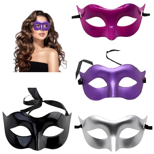 CAILI 4 Stücke Maskerade Maske Herren Venezianische Maske Oper Kostüme Karneval Party für Männer Frauen Party Ball Halloween - Mitternacht Schwarz,Gold, Silber, Rosenrot von CAILI