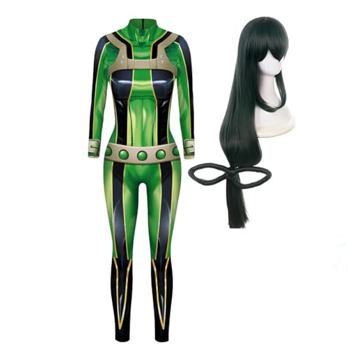 CAIYLAI MHA Cosplay-Kostüm mit Perücke, Asui Tsuyu Cosplay-Kostüm, 3D-Stil, Bodysuit, Overall für Halloween (Grün, 110) von CAIYLAI