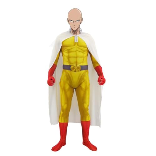 CAIYLAI Saitama Cosplay-Kostüm, One Punch Man-Kostüm, komplettes Set, Halloween-Jumpsuits, Rollenspiel, Anime-Bodys, Outfit mit Umhang (Gelb, Kinder, XXL) von CAIYLAI