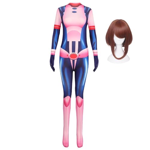 CAIYLAI Uraraka Ochako Cosplay Kostüm Anime MHA Kampfuniform Outfit 3D-Druck Bodysuit Overall für Halloween (Uraraka Ochako + Perücke, 120) von CAIYLAI