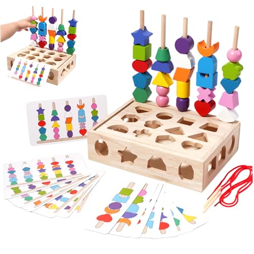 1 Set Fädelperlen, Holz Fädelperlen, Stapelblock Spielzeugset, inklusive 16 doppelseitigen Musterkarten, 2 Schnüren, 25 Farbperlen, passende Formfarben, Stapelspielzeug für Kinder ab 3 Jahren, G von CAKEEYUM