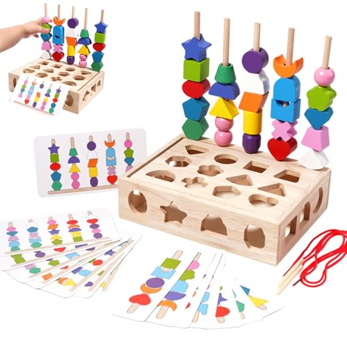 1 Set-Schnürung Perlen Holzschnürung Perlen Stapelblock-Spielzeugset mit 16 doppelseitigen Musterkarten, 2 Saite, 25 Farbenperlen, passende Formfarben Stapelspielzeug für 3+ Kindergeschenkspiel von CAKEEYUM