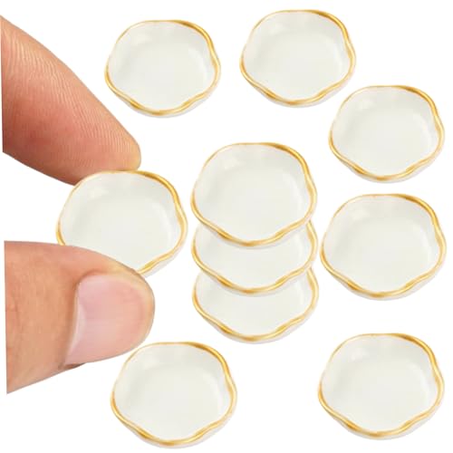 10pcs Miniatur -Küchenset, Harzplatten 1/12 Maßstab Accessoires Weiß mit goldenen Verkleidungen runde Gerichte Miniaturmöbel Dekoration Ornament für Vintage Küchen -Esszimmerspiel von CAKEEYUM