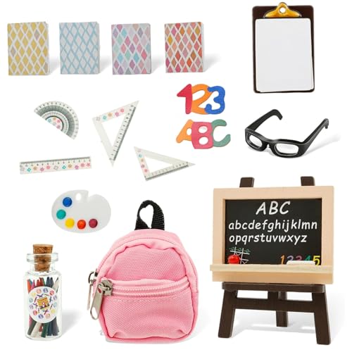 17 teiliges Set mit Mini Schulbedarf, Puppenhaus, einschließlich kleinem Rucksack, Mini Tafel, Bleistift, Brille, Schreibwaren, Büchern, Plastik Mini Puppenhaus Zubehörset, Mini Schulbedarf, Min von CAKEEYUM