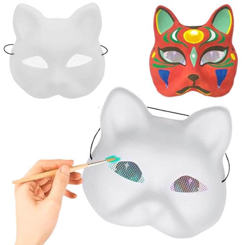 3 teilige Katzenmaske zum Therian Maske zum Bemalen zum Selbermachen halbe Abdeckung mit Augennetz und Gummiband PVC Tierfuchsmaske für Halloween Cosplay Party Maskerade Maske Katzenmaske Therian von CAKEEYUM